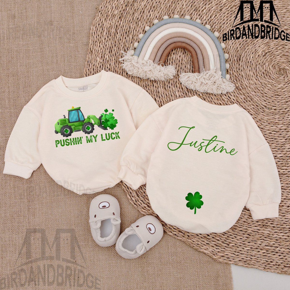 Pushin My Luck Baby Romper St Patrick's Day Bodysuit Irish Baby Outfit Light Mauve Baby Romp