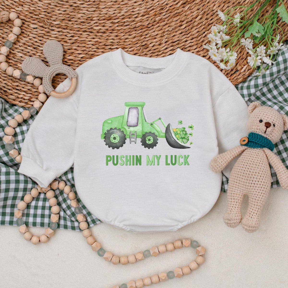 Pushing My Luck Construction Baby Bubble Romper St. Patrick's Day Boys Bodysuit Baby Patrick's Day 186