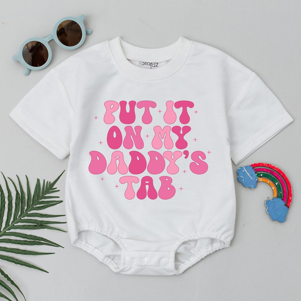 Put It On My Daddys Tab Romper Funny Baby Girl Outfit First Fathers Day Gift Retro Baby Shower Bodys