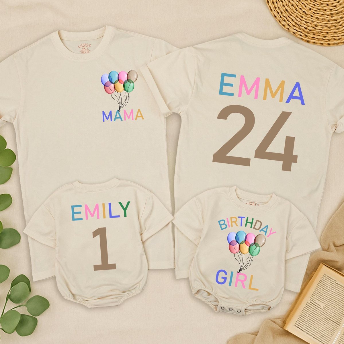 Rainbow Balloon Birthday Romper 1st Birthday Outfit Colorful Family Birthday Matching shirt Baby Bir 434