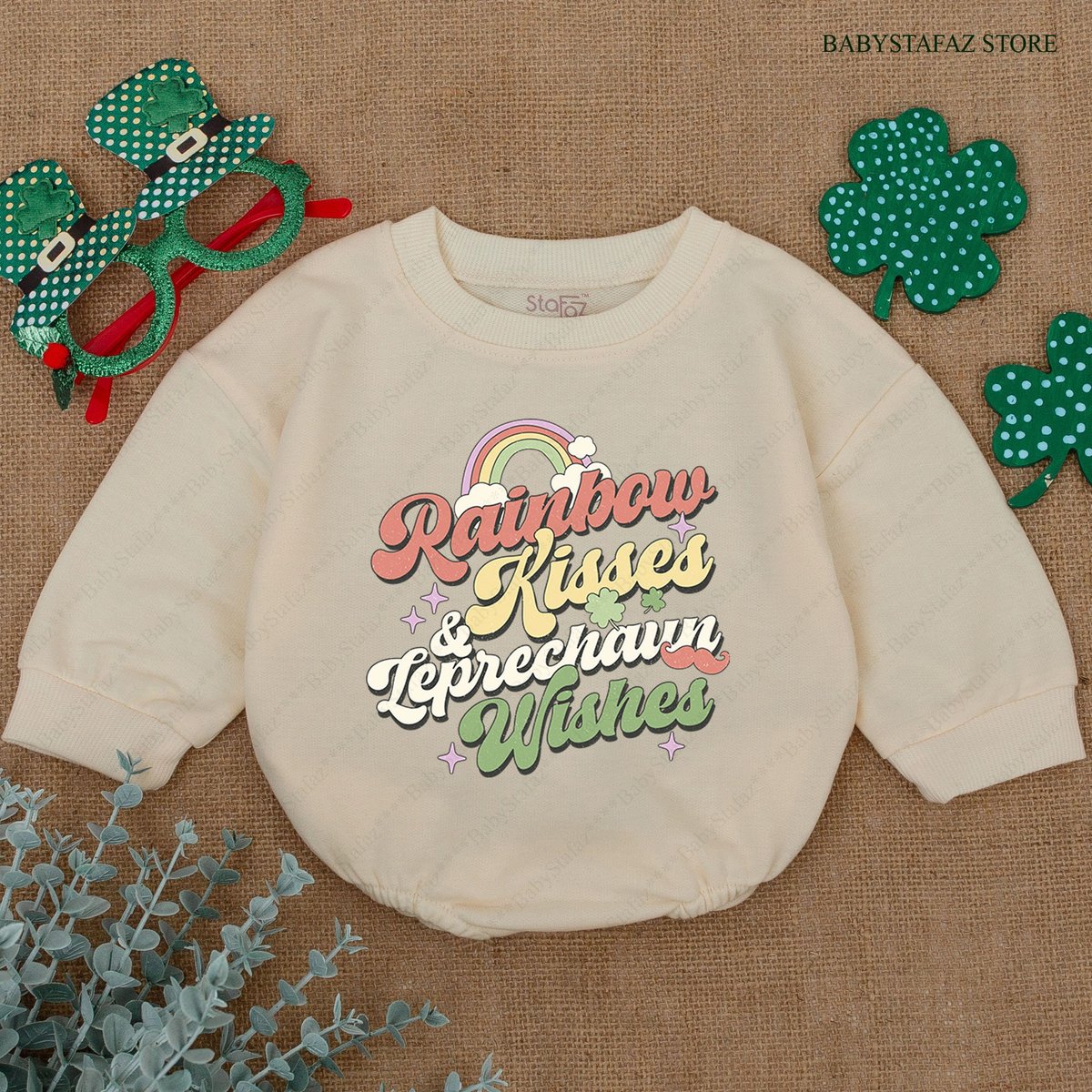 Rainbow Kisses Leprechaun Wishes St. Patricks Day Baby Romper Newborn Saint Patrick's Day Clover Ba 165