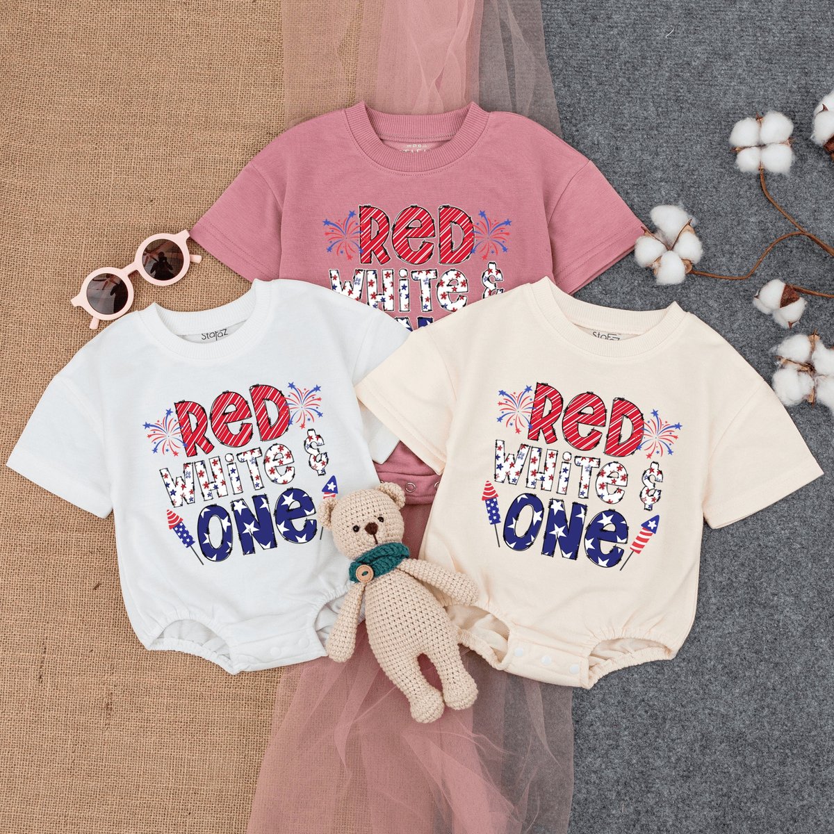 Red White One Bubble Romper Short  Sleeve July 4th Birthday 1st Fourth of July 1st 4th Of July Firs 170