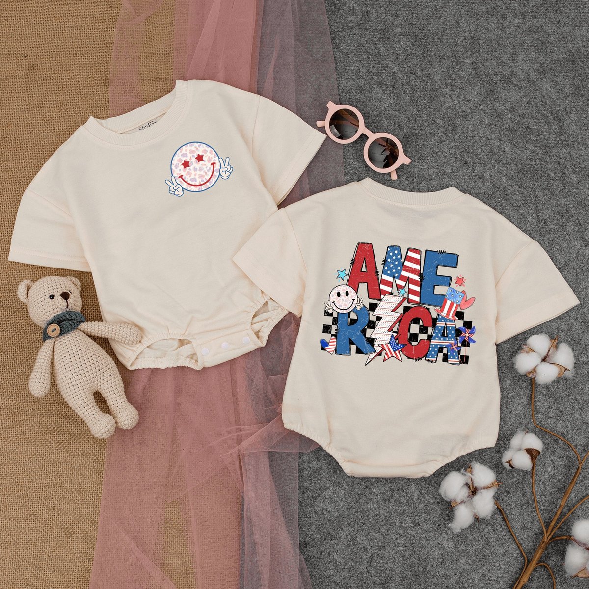 Retro 4th Of July America Smiling Face Romper Short  Sleeve Cute Fourth July Baby 1st 4th Of July F 169
