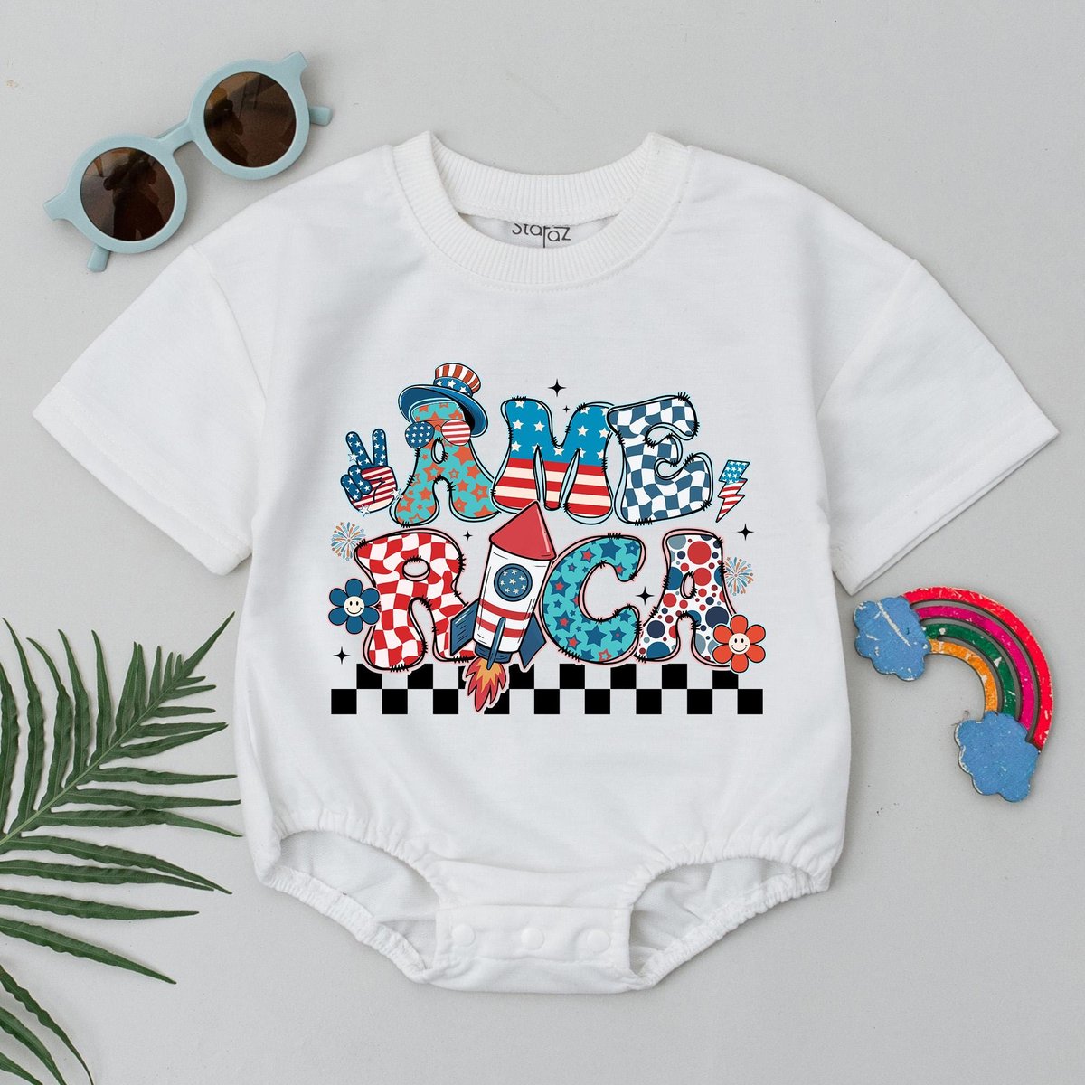 Retro America Baby Romper 4th of July Patriotic Infant Bodysuit Red White Blue Boy Girl Outfit Indep