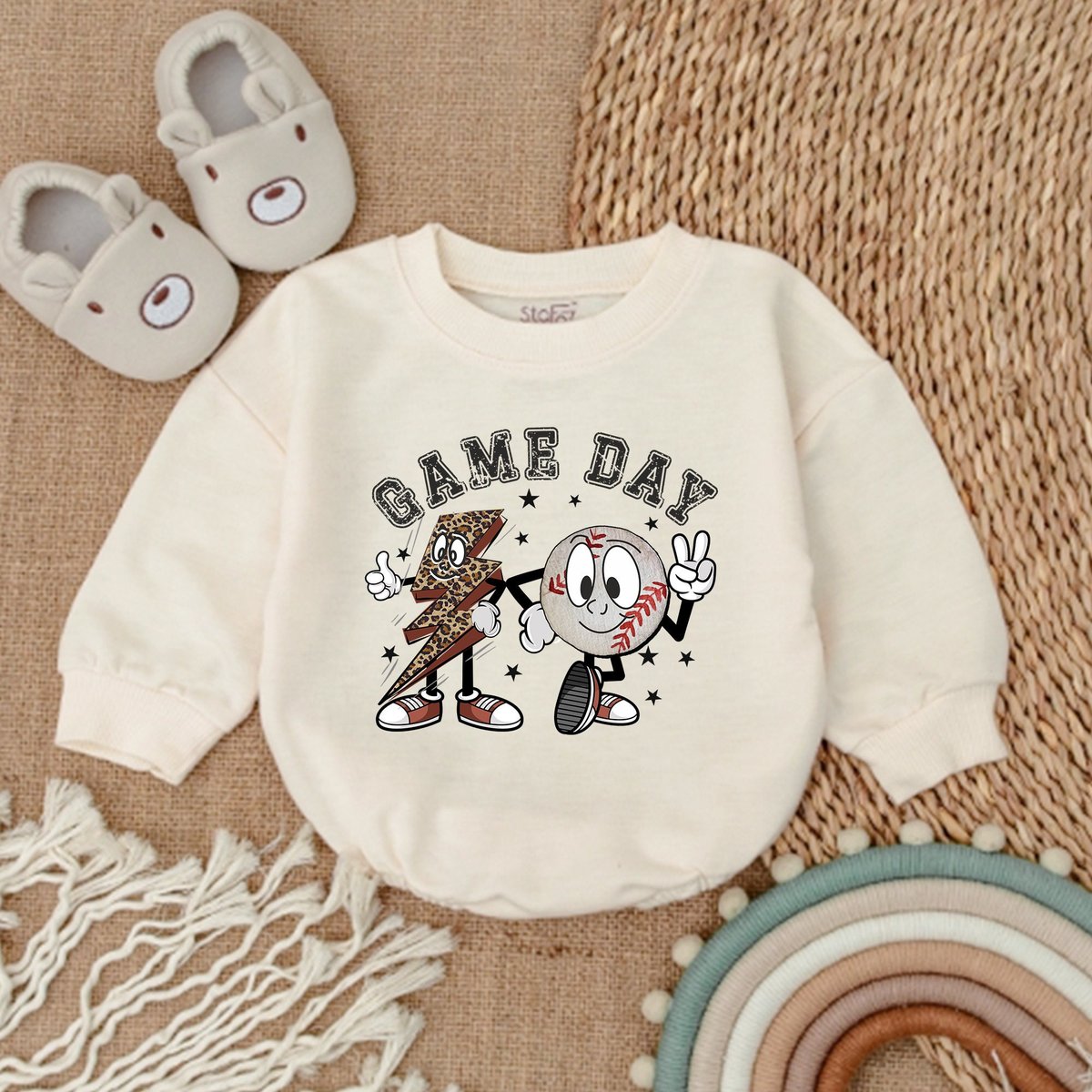 Retro Baseball Romper Oversized Baby Romper Game Day Toddler Shirt  Cute Natural Kids Bodysuit