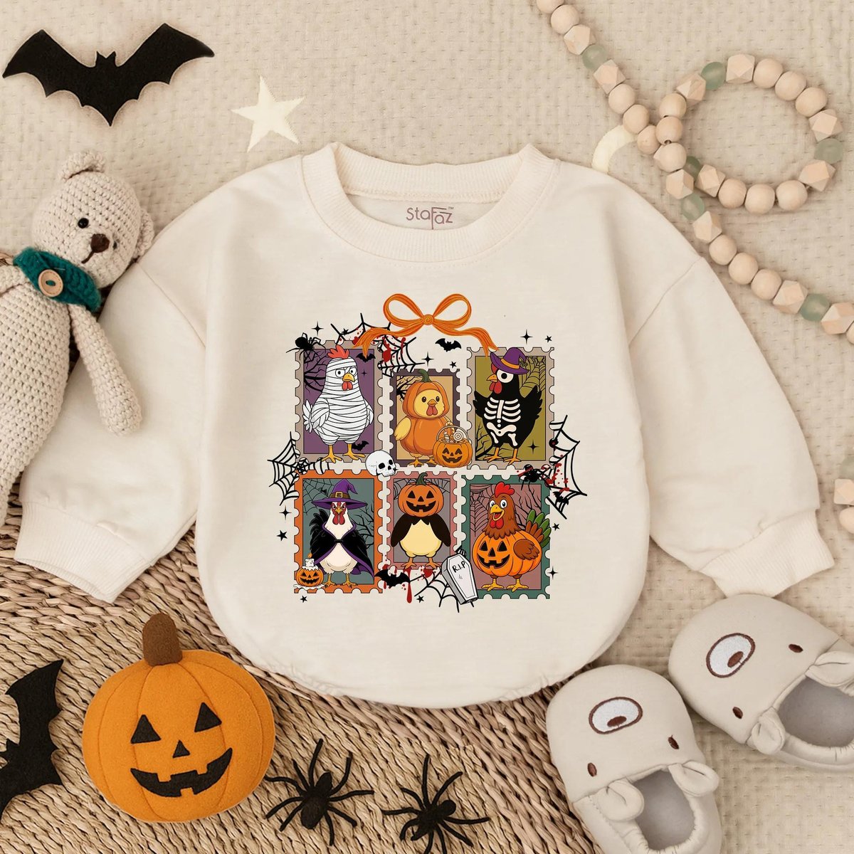 Retro Chick or Treat Baby Romper Halloween Chicken Baby Outfit Funny Infant Costume Toddler Spooky S