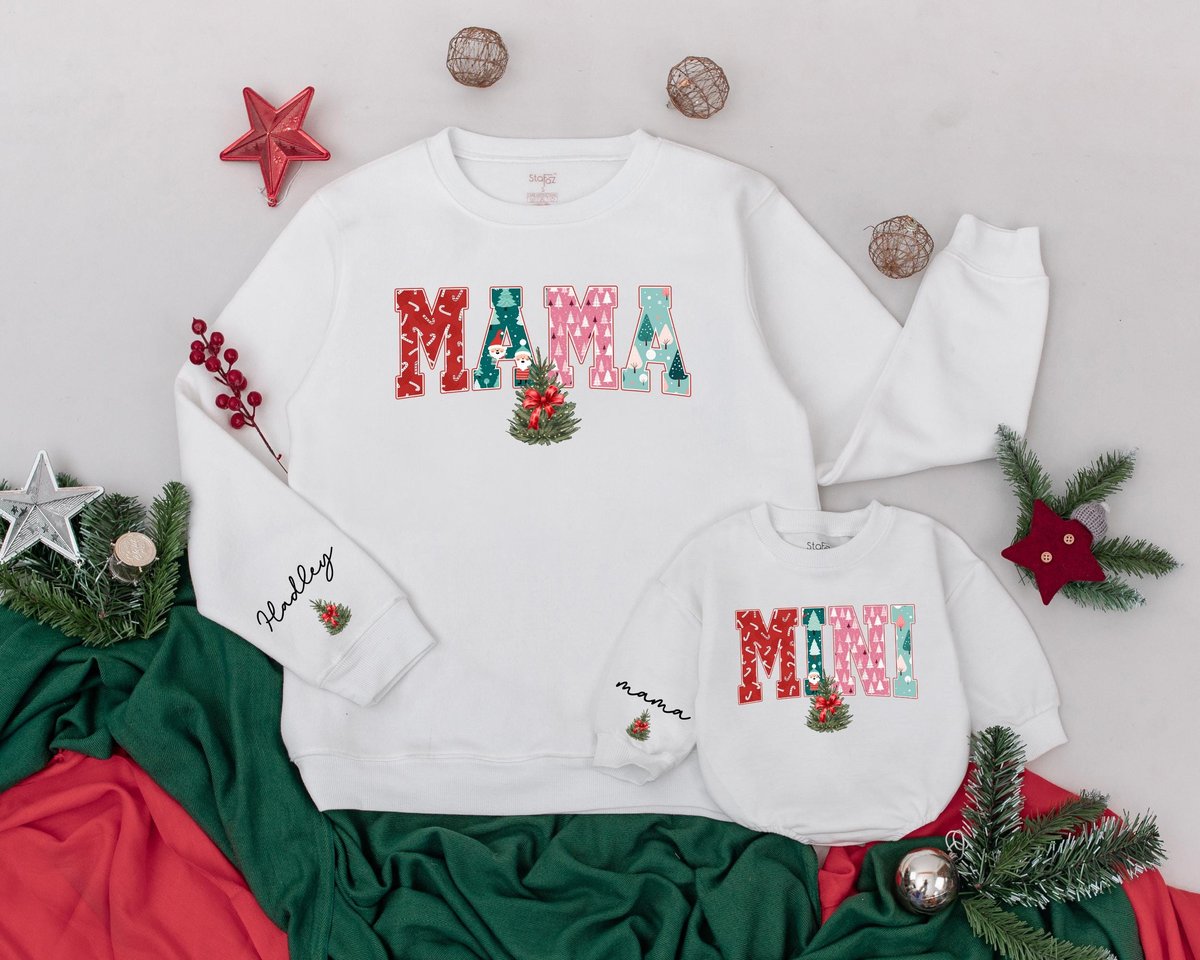 Retro Christmas Matching Sweatshirt Mama and Mini Custom Name Gift Mommy and Me Sweater Christmas Fa 181