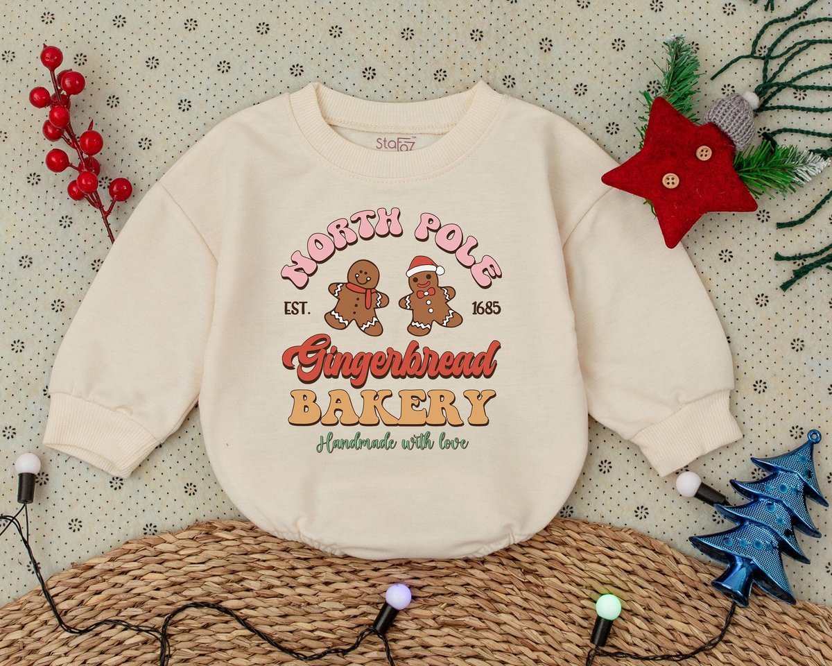 Retro Christmas Romper First Christmas Clothes North Pole Bakery Toddler Sweatshirt Baby Shower Gift