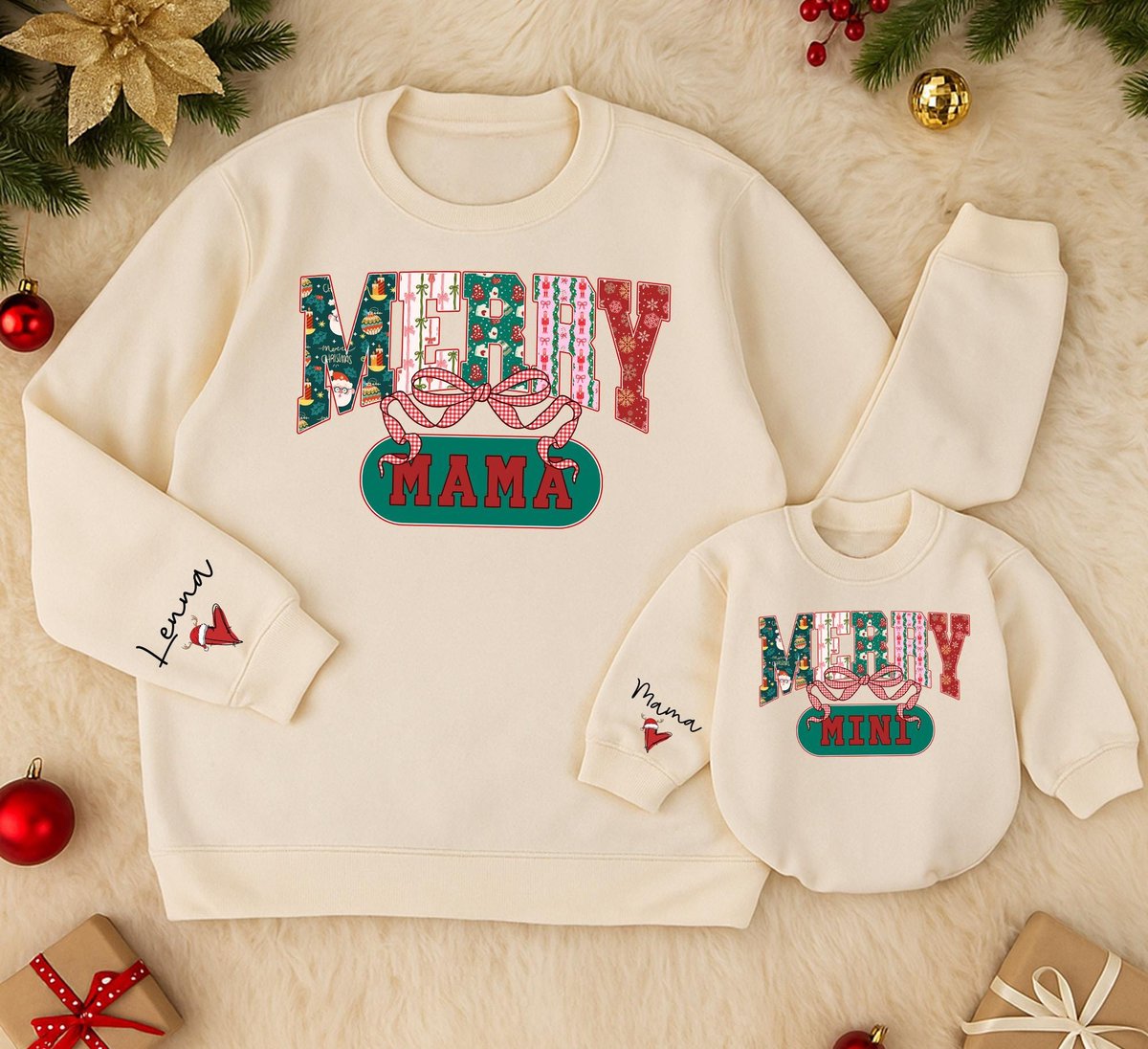 Retro Christmas Sweatshirt Mom And Baby Matching Family Sweater Daughter Kid Sweatshirt Merry mama m 436