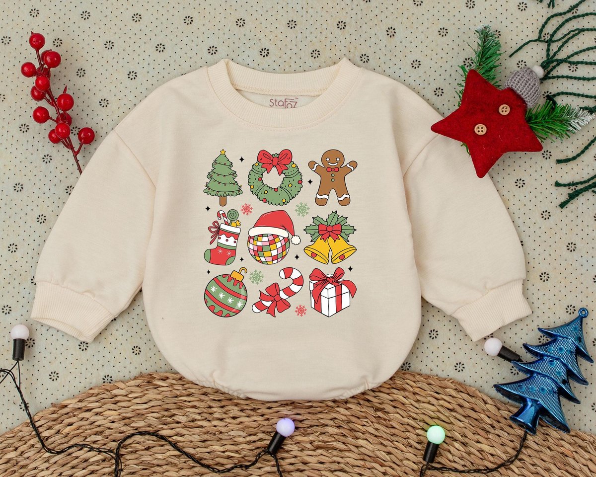 Retro Christmas Vibes Romper First Christmas Clothes Toddler Sweatshirt Baby Shower Gift Bubble Romp