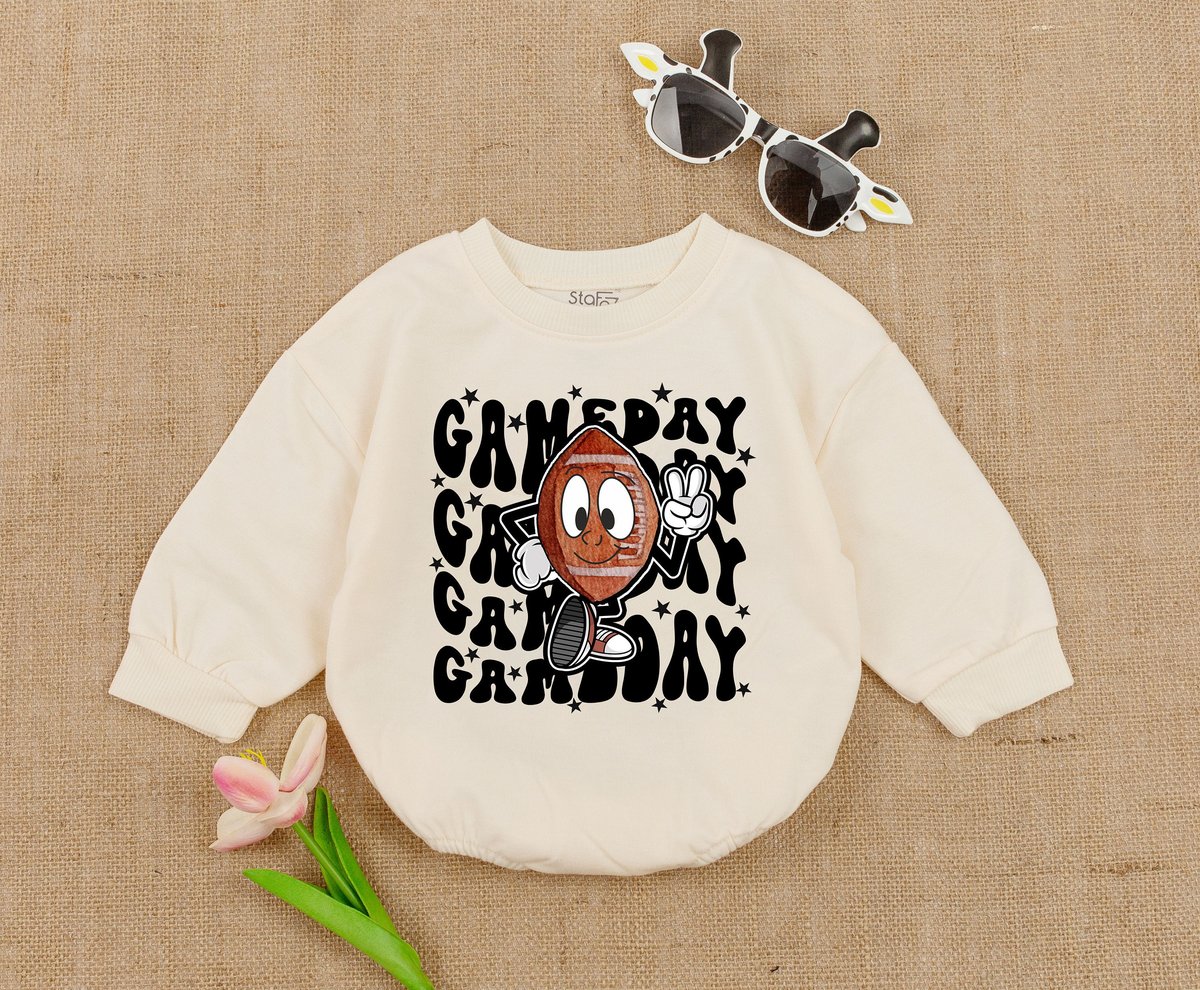 Retro Football Romper Oversized Baby Romper Game Day Toddler Shirt Cute Natural Kids Bodysuit T