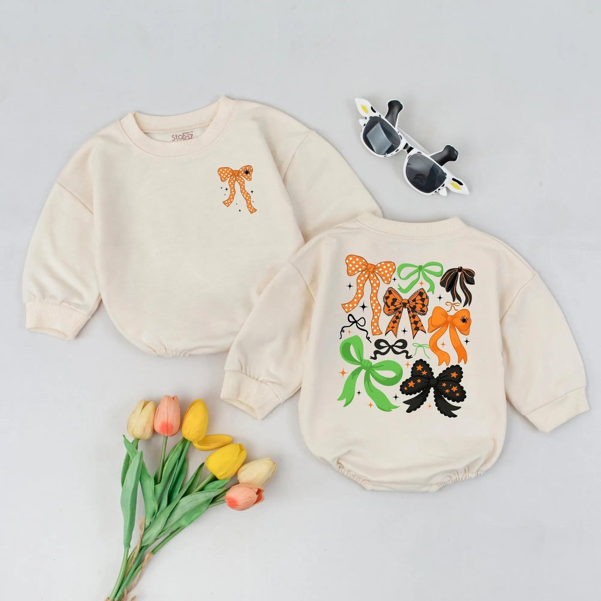 Retro Halloween Bow Bubble Romper Spooky Season Baby Outfit with Bows Cute Halloween Baby Clothes fo 434