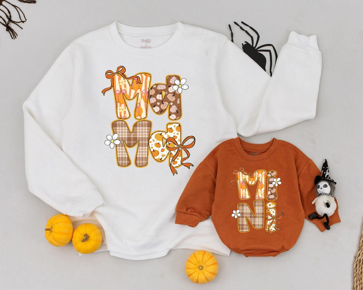 Retro Halloween Bow Mama and Mini Sweatshirt Cute Pumpkin Patch Family Sweater Mom and Baby Outfit M 434