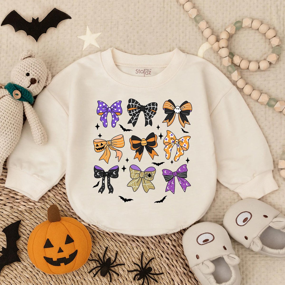 Retro Halloween Bubble Romper with Bow Baby Girl Spooky Outfit Charming Fall Bodysuit Toddler Pumpki