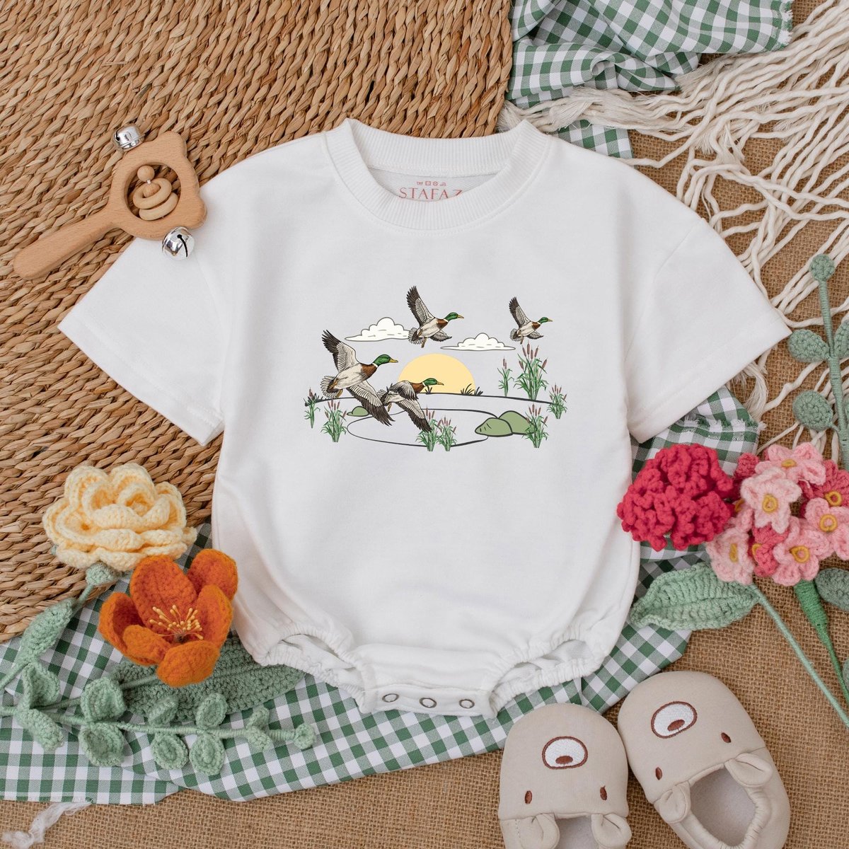 Retro Mallard Ducks Romper Duckling Baby Bodysuit Waterfowl Duck Romper Duck Lover Vintage Duck Baby 184