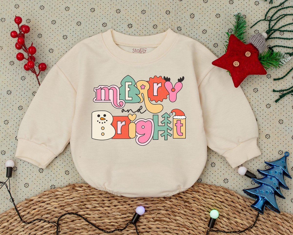 Retro Merry and Bright Romper Vintage Christmas Outfit First Christmas Clothes Baby Announcement Bab
