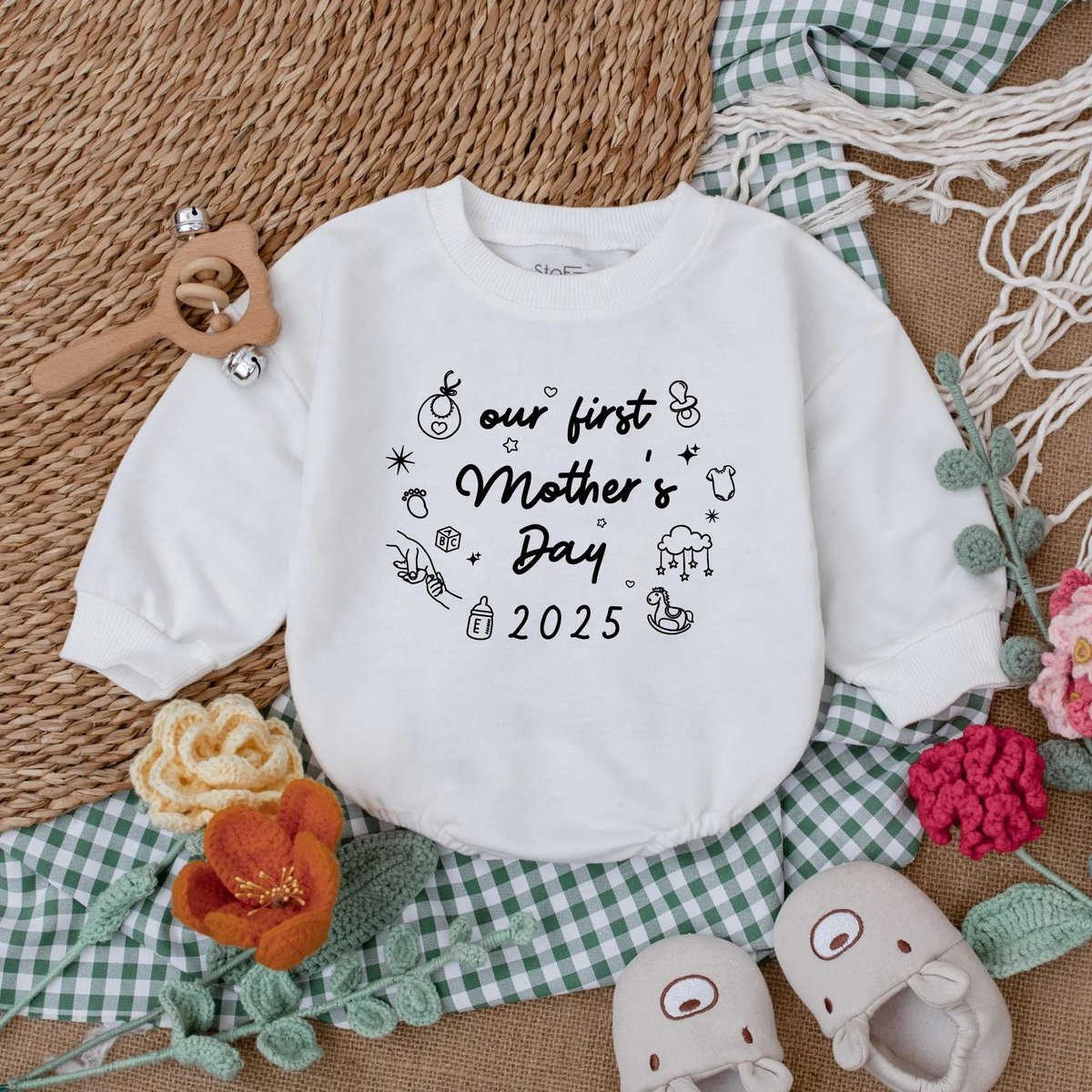 Retro Our First Mother's Day Keepsake Romper Happy Mother's Day Sleepsuit Boys Girls Mothers Day M 190