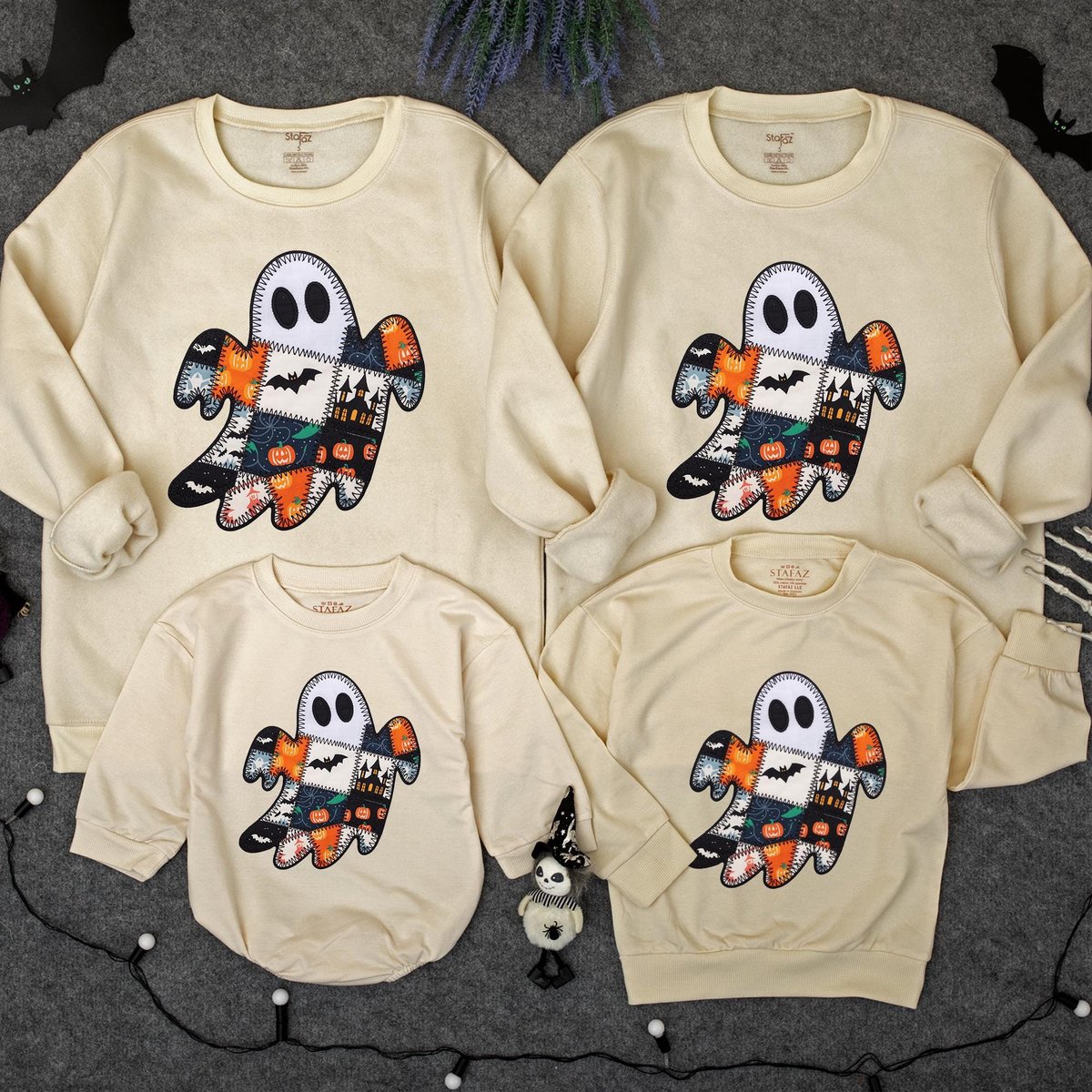 Retro Patchwork Halloween Ghost Sweatshirt Halloween boo Baby romper Spooky Season family Sweater Ha 435