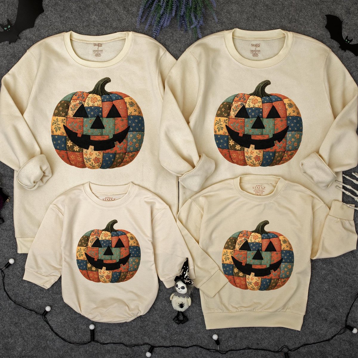 Retro Patchwork Halloween Pumpkin Sweatshirt Halloween Pumpkin Baby romper Spooky Season Sweater Hal 435