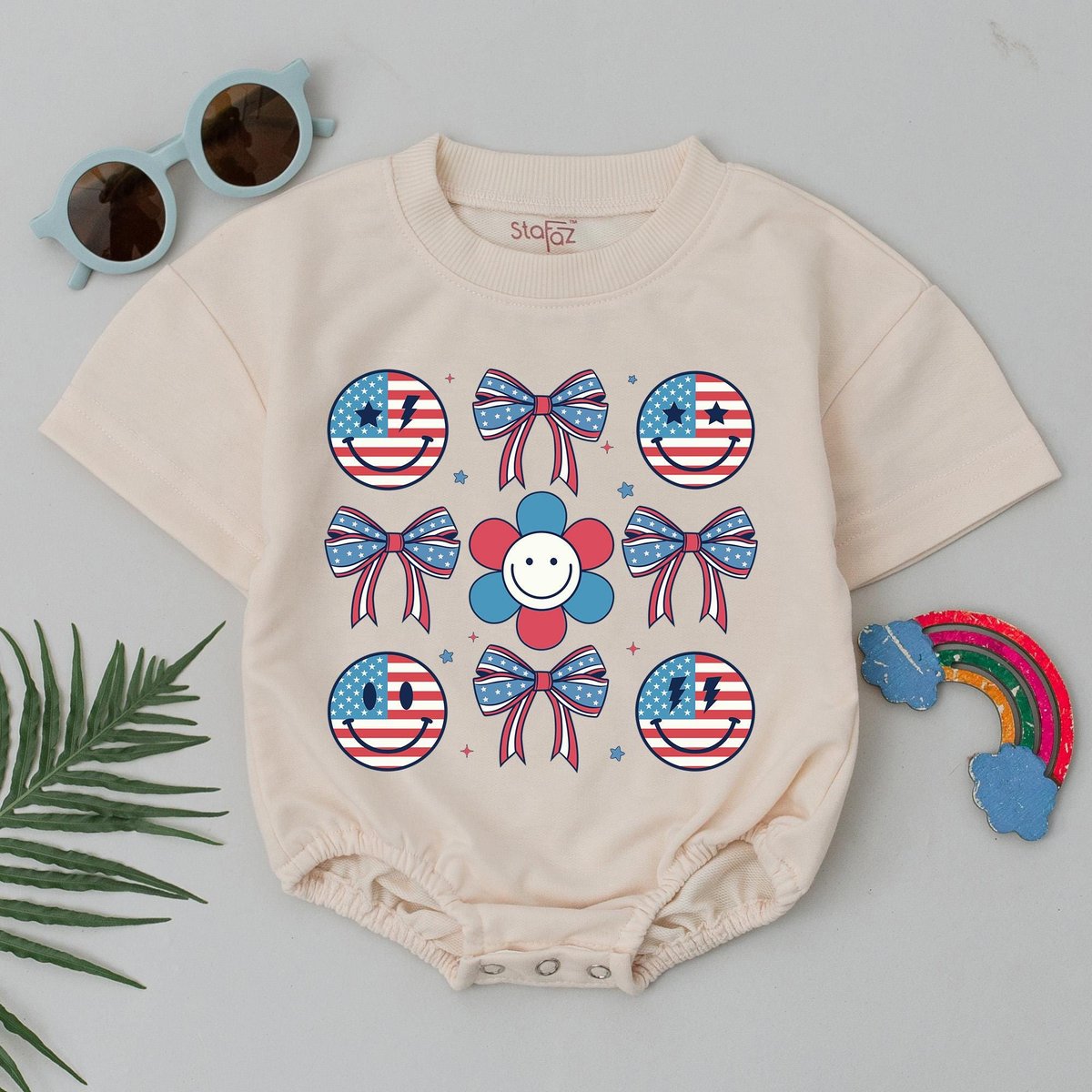Retro Patriotic Baby Girl Romper USA Flag Bow Bubble Bodysuit Cute Red White Blue Outfit for 4th of