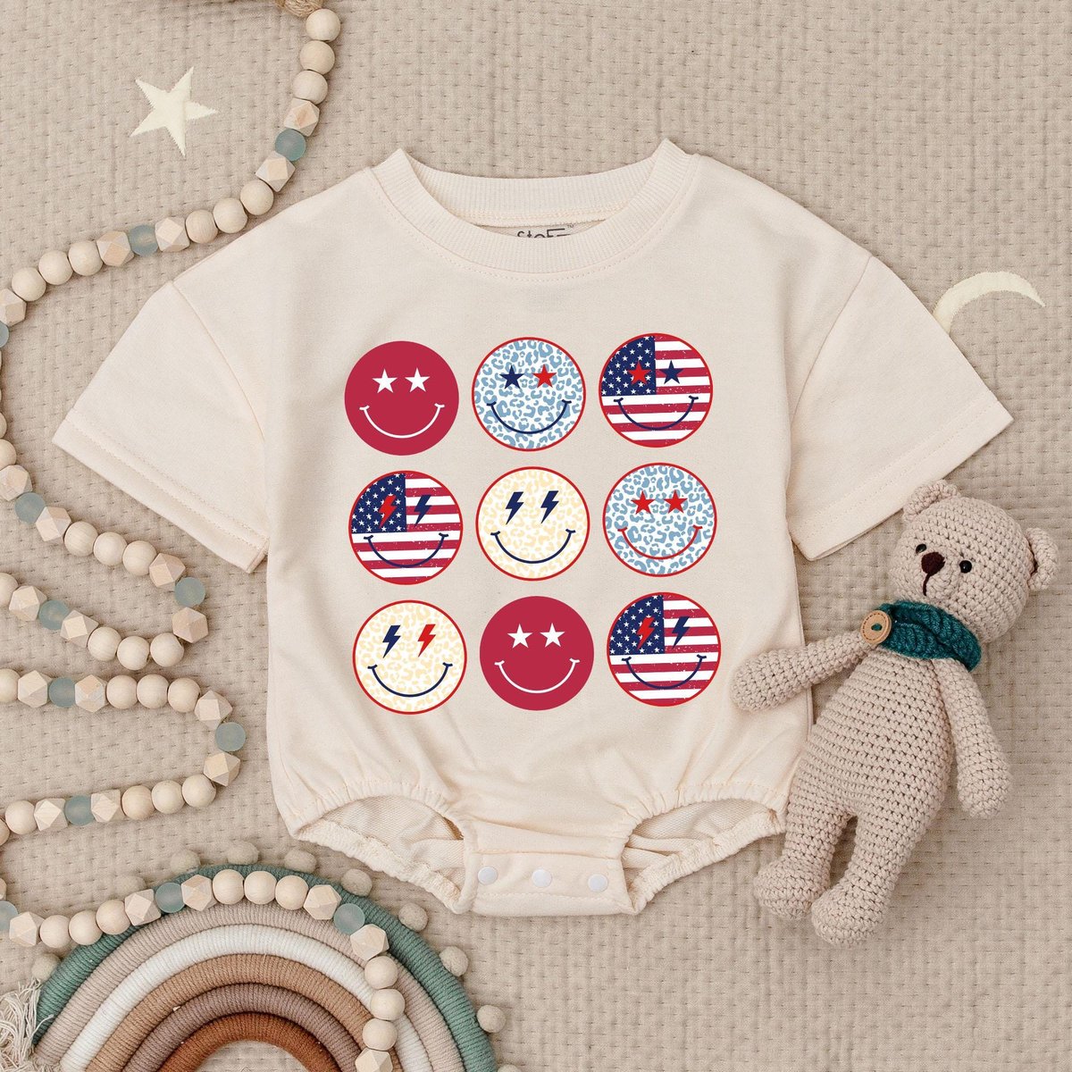 Retro Patriotic Smile Face Baby Romper Fourth of July Baby Bodysuit Red and Blue Bow Bodysuit Patrio