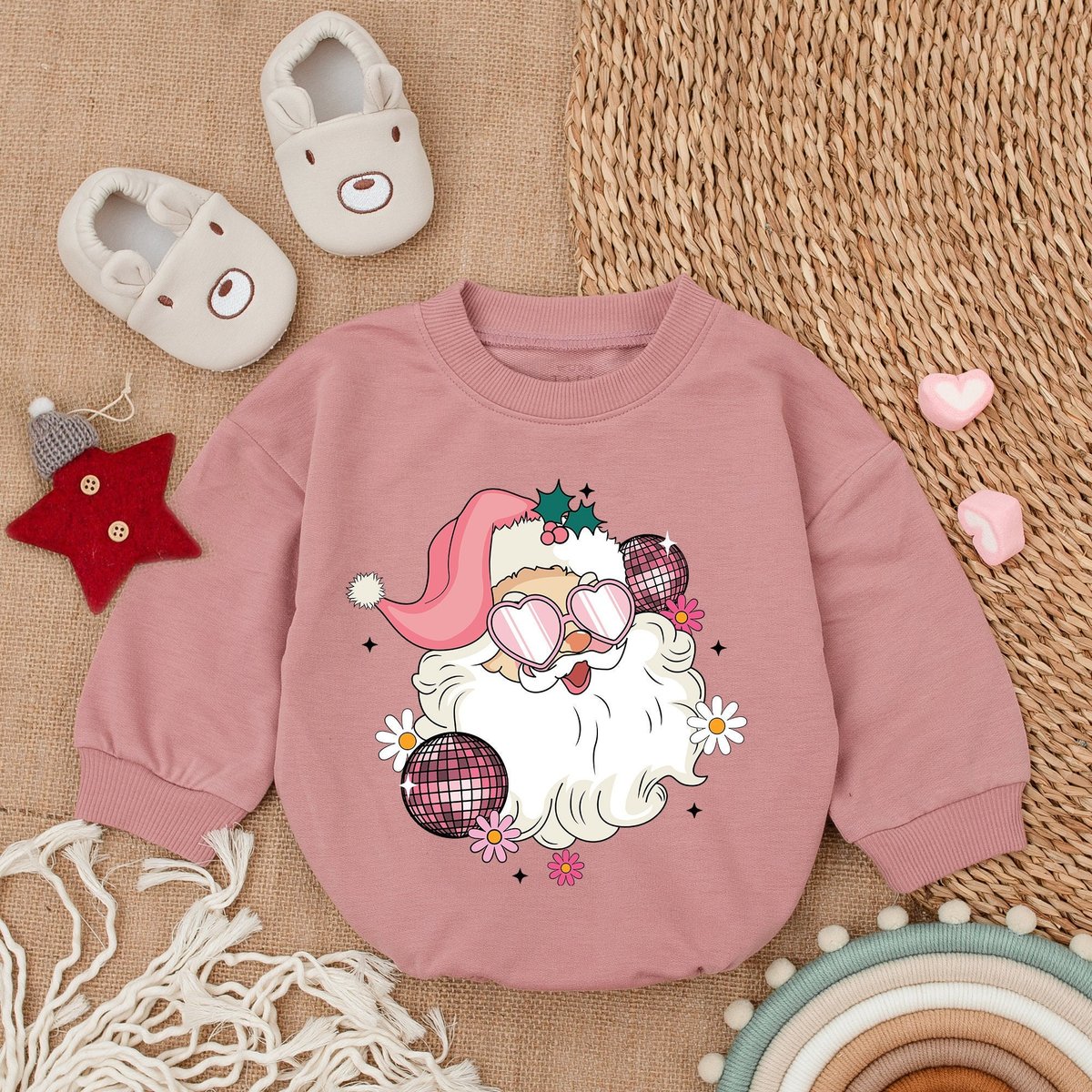 Retro Santa Baby Romper My First Christmas Christmas Bodysuit Baby Christmas OutfitOversized Long Sl