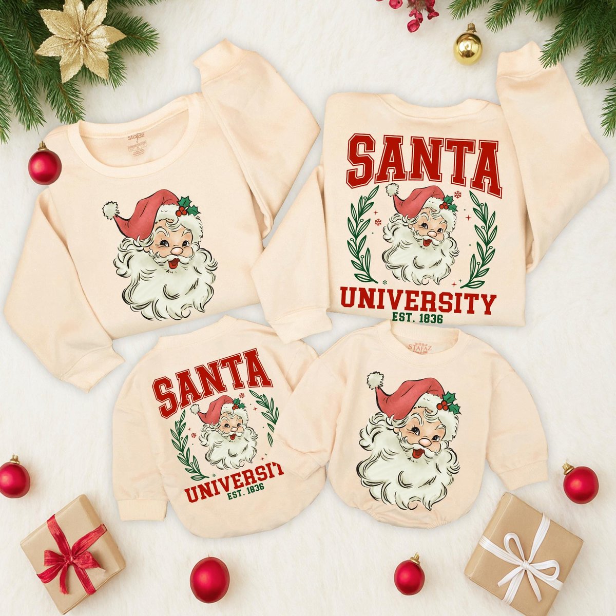 Retro Santa University Christmas Sweatshirt Vintage Graphic Holiday Toddler Outfit 2 Sided sweater S 436
