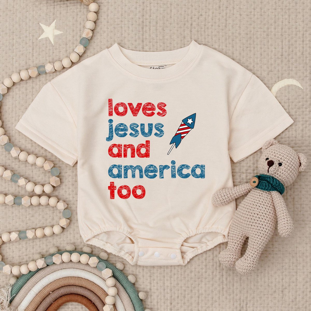 Retro USA Babysuit She Loves Jesus And America Too Baby Romper Patriotic Religious Bodysuit Christia
