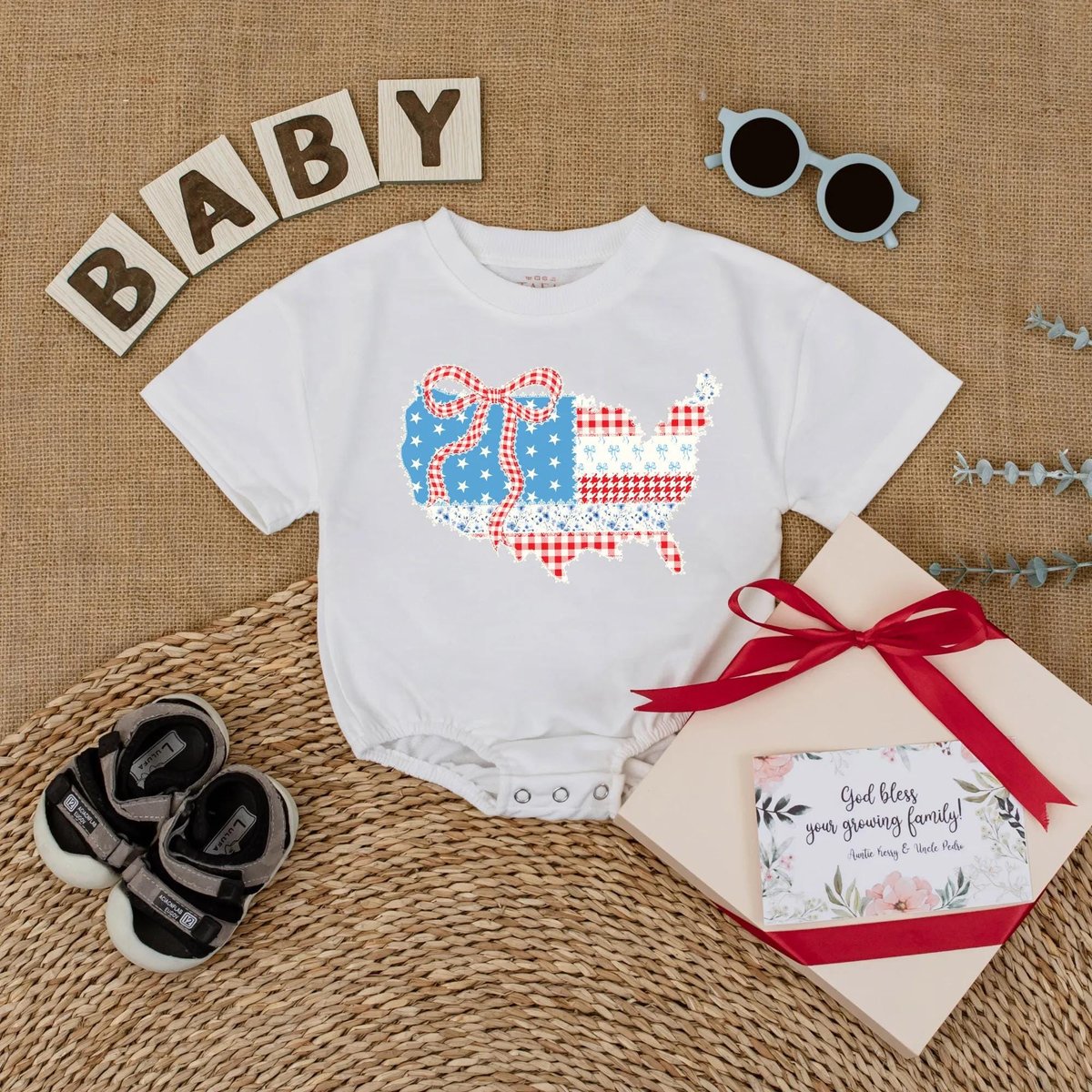 Retro USA Map Baby Romper Vintage America 4th of July Outfit Red White Blue Baby Bodysuit Patriotic 431
