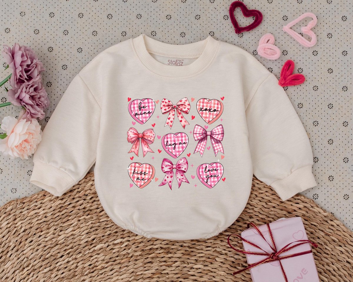 Retro Valentine Bow Kids Valentines Day Baby Romper First Valentines Day Outfits Baby Bodysuit Baby