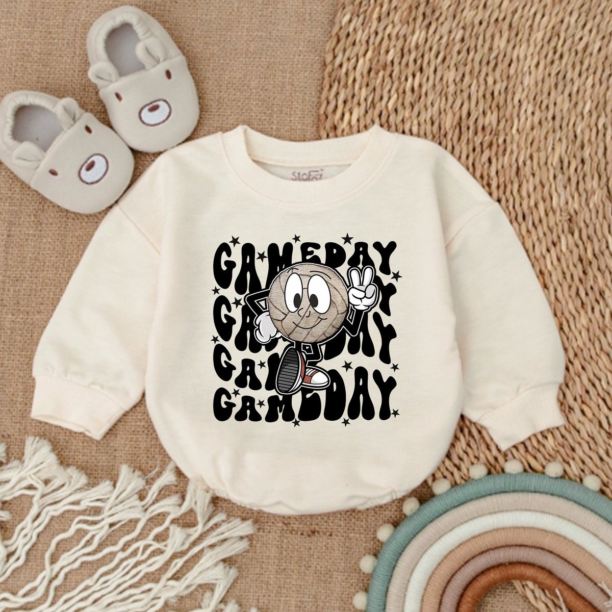 Retro Volleyball Romper Oversized Baby Romper Game Day Toddler Shirt Cute Natural Kids Bodysuit