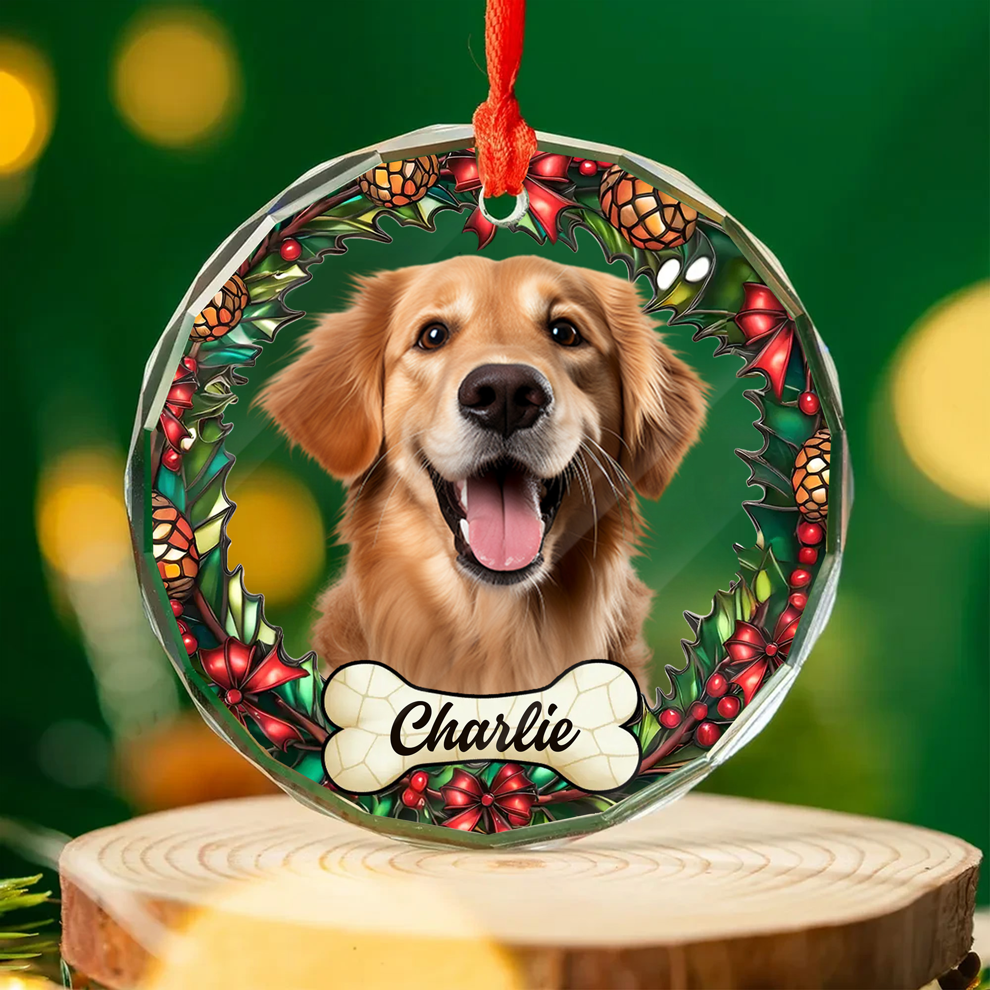 Personalized Pet Photo Glass Ornament  Custom Name Dog Bone Christmas Keepsake for Pet Lovers-GLO-XTQVH