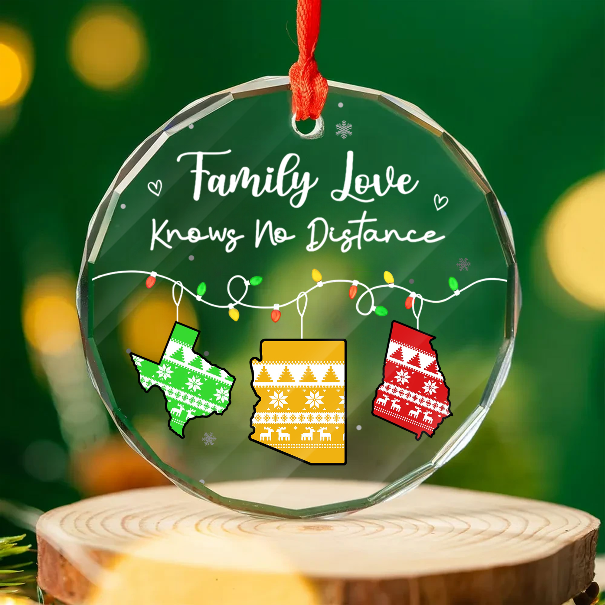Personalized Long Distance Family Glass Ornament  Custom State Map Keepsake for Christmas-GLO-1NLLU