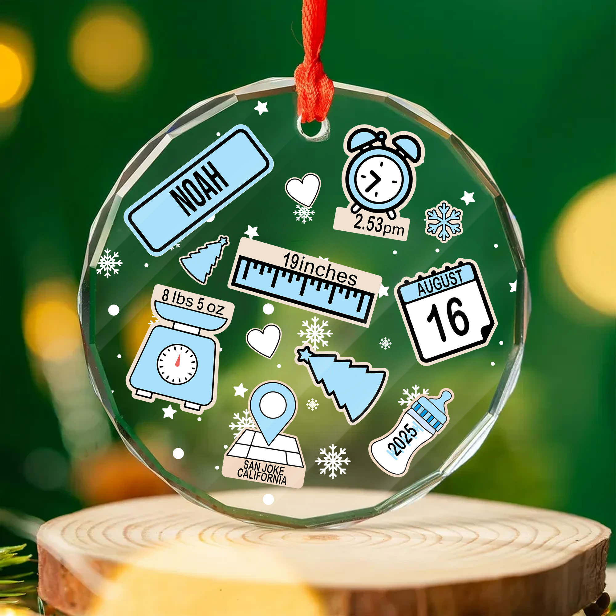 Personalized Baby's First Christmas Stats Ornament - Faceted Glass - Baby Shower Gift for New Parents 2025-GLO-QITBS