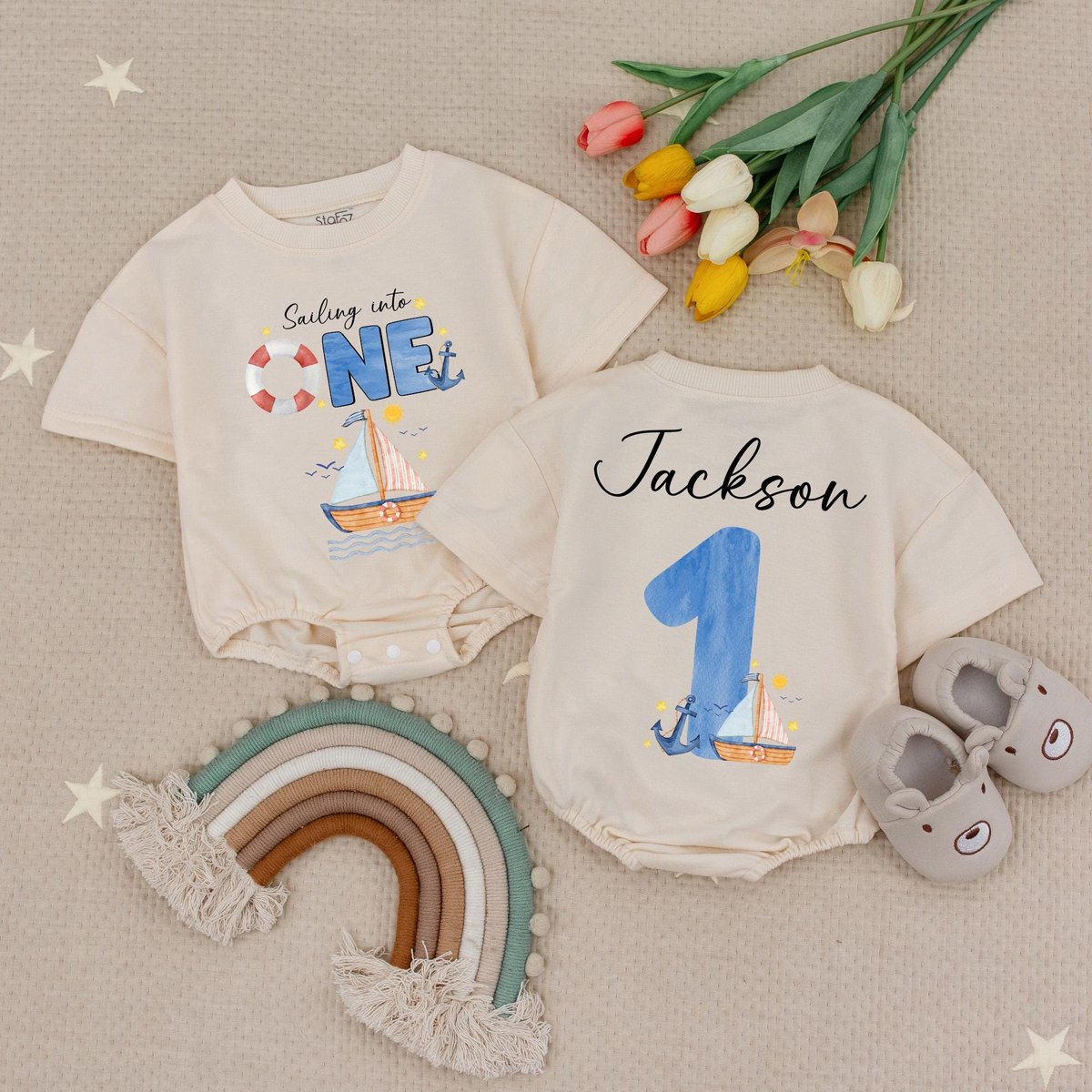 Sailing Into One Baby Romper First Birthday Baby Outfit Baby Boating Anchor Fishing SummerNautical B