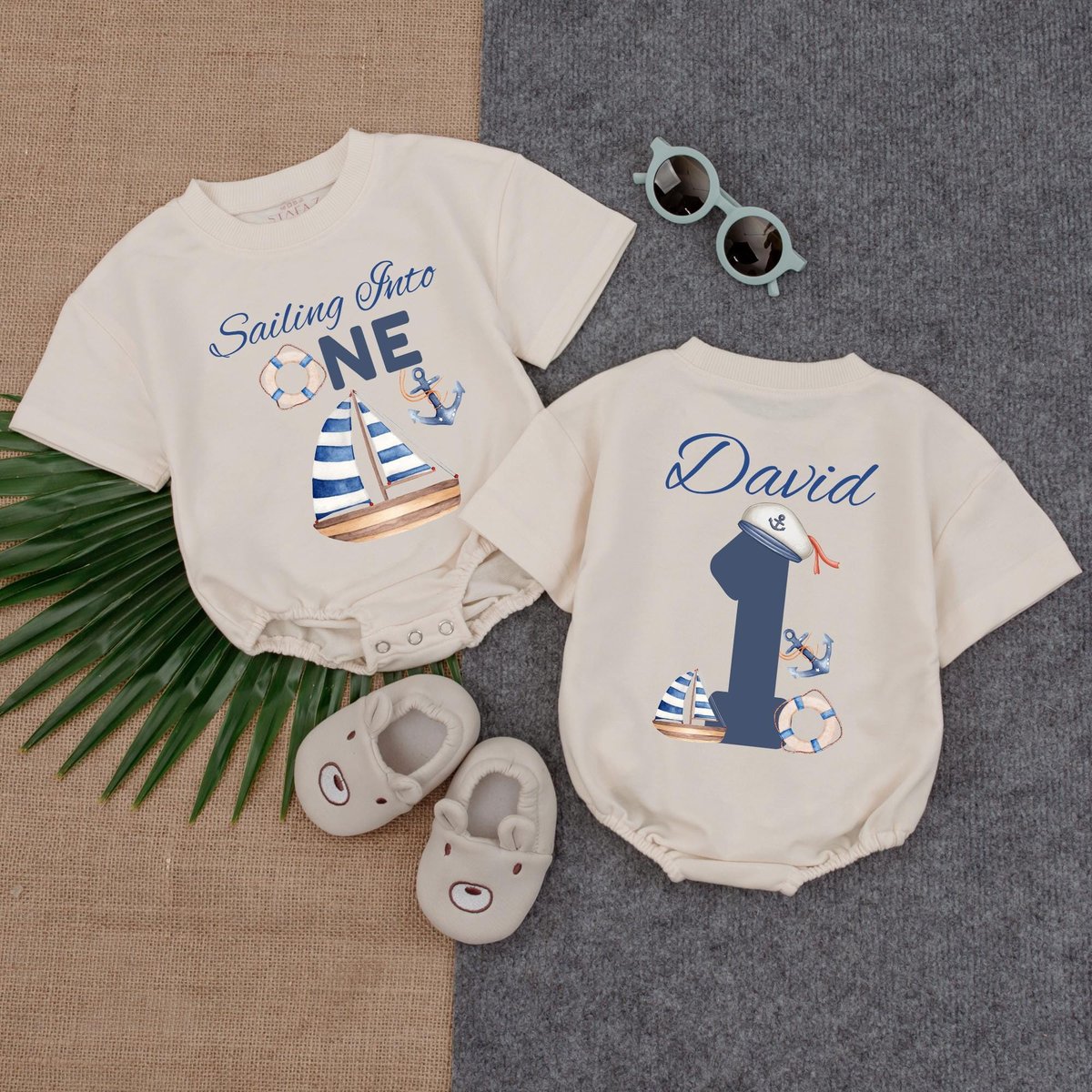Sailing Into One T shirt Bubble Romper Nautical 1st Birthday Outfit for Boy Sailor Baby Romper Ocean 190
