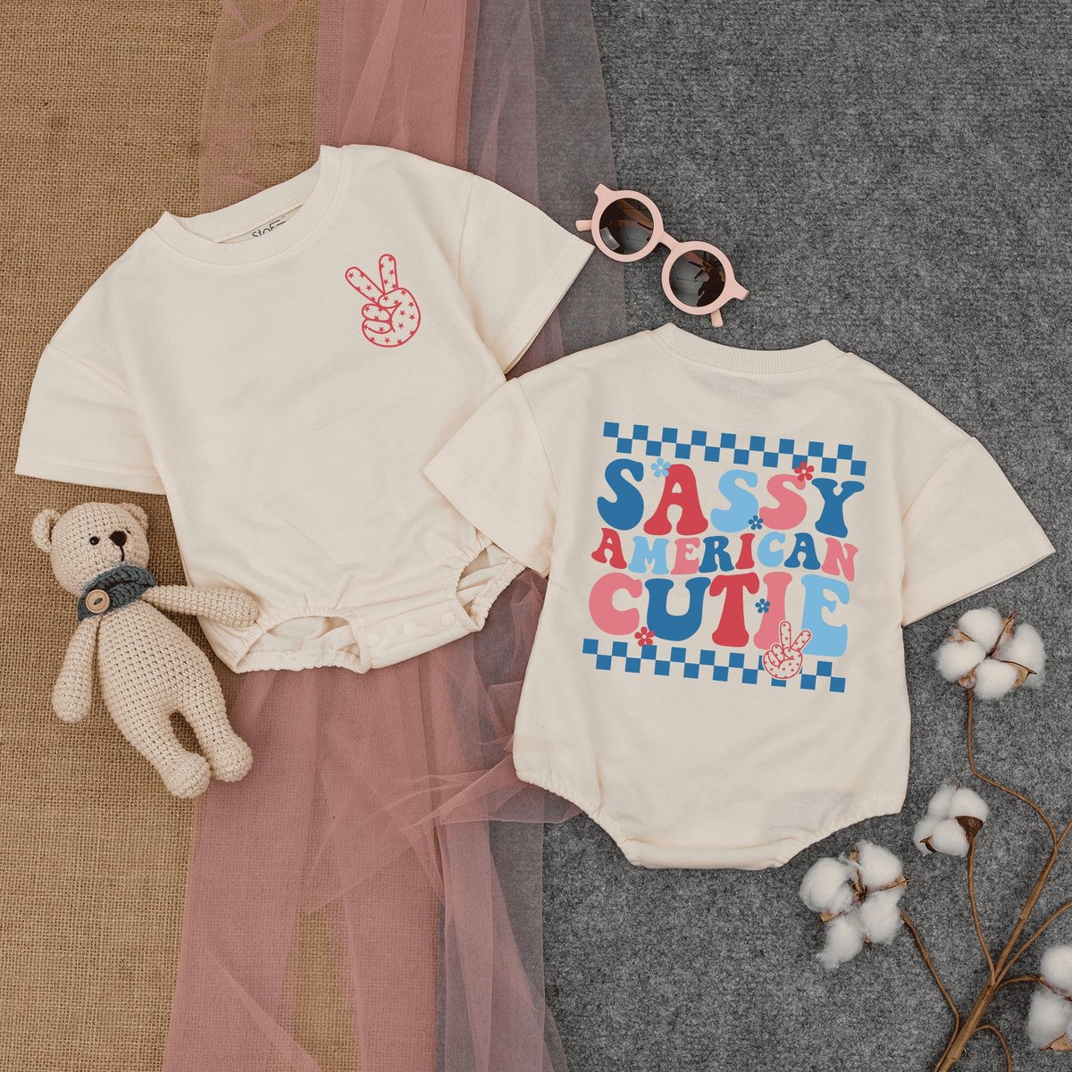 Sassy American Cutie Baby Romper Short  Sleeve Retro Patriotic Bodysuit Cute Fourth of July Baby Ba 172