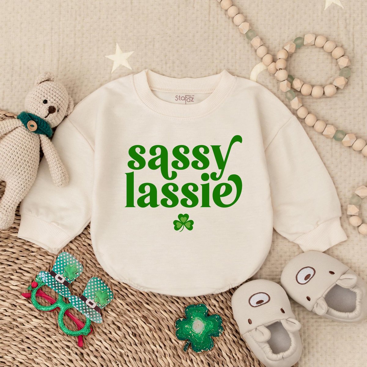 Sassy Lassie Baby Bubble Romper St Patrick's Day Bodysuit Irish Baby Outfit Light Mauve Bab