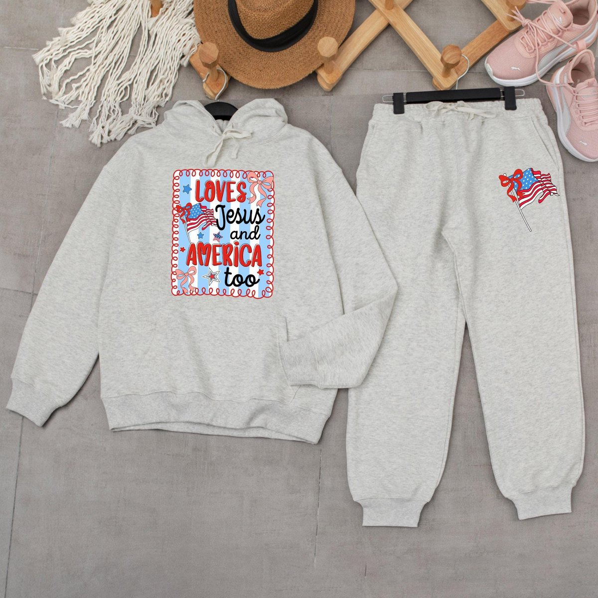 She Loves Jesus and America Too Sweatshirt and Sweatpants Sweatsuit Gift for Mom Girly American Red