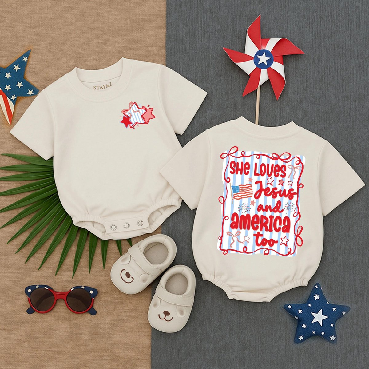She Loves Jesus and America Too Bubble Romper Christian Baby Girl Outfit Patriotic Summer Clothes Sh 430