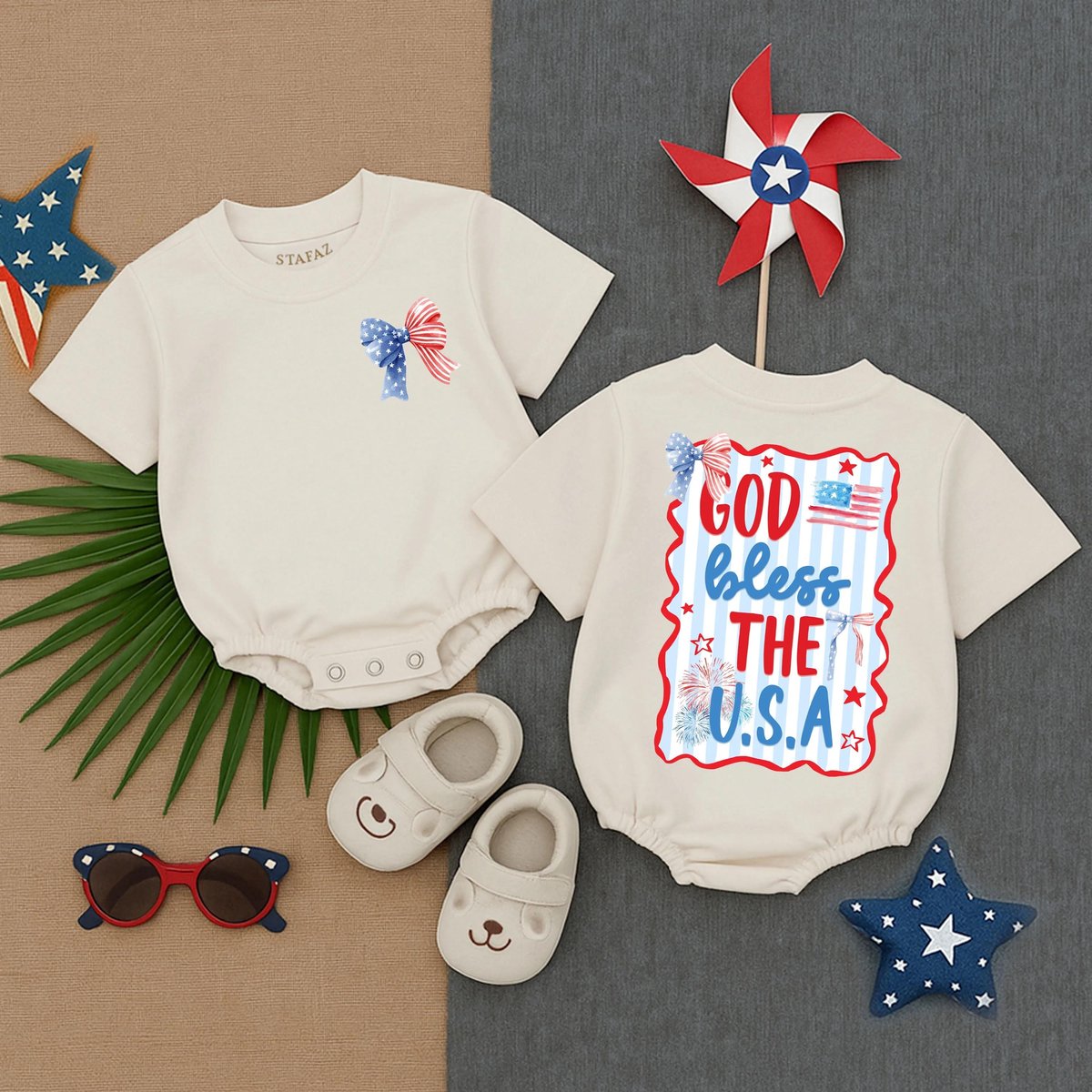 Short Sleeve USA Bubble Romper Patriotic Baby Girl Outfit 4th of July Baby Gift Red White Blue Toddl 430