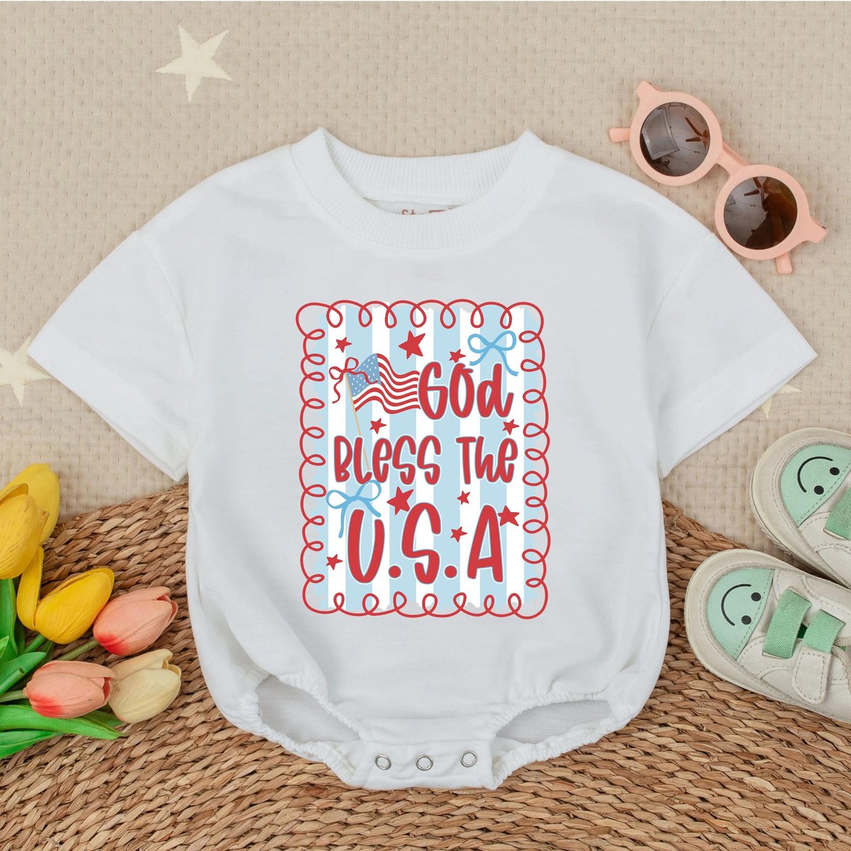 Short Sleeve USA Bubble Romper Patriotic Baby Outfit Red White Blue Toddler Clothes Summer Baby Romp