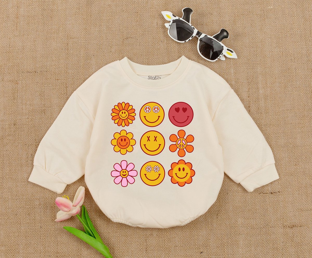 Smile face Groovy Romper  Retro Birthday  Groovy Baby Girl Outfit  Boho Romper Smile Face Birthda