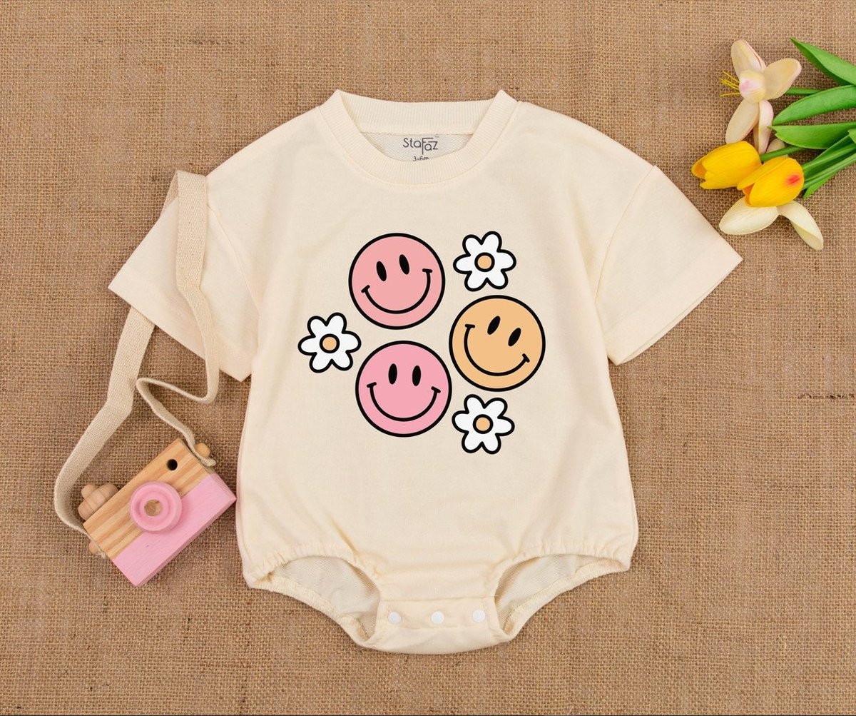 Smile face Groovy Romper  Retro Birthday Smile face Baby and Short Sleeve Romper Smile Face Birth