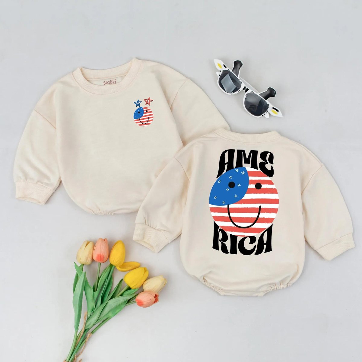 Smiley Face USA Bubble Romper Retro 4th of July Baby Outfit Aesthetic Patriotic Romper Baby Boy Girl 431