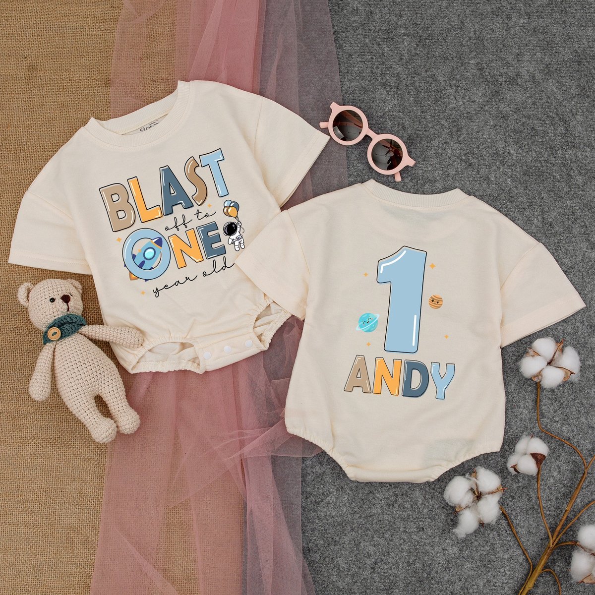 Space First Birthday Birthday Boy Short  Sleeve Romper First Birthday Outfit Boy Birthday Clothes 1 177