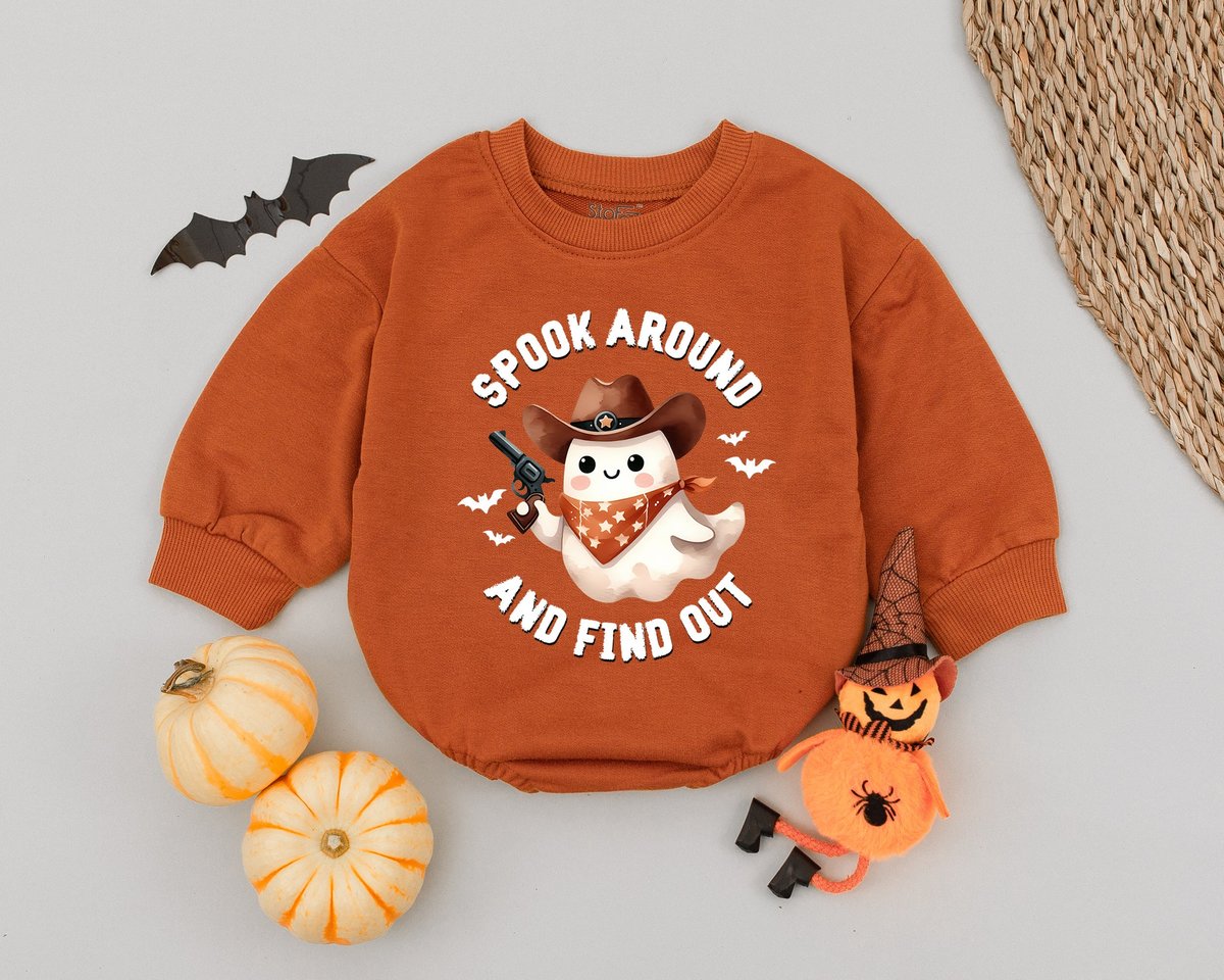 Spook Around and Find Out Baby Romper Cowboy Cute Ghost Halloween Baby Outfit Western Halloween Cost