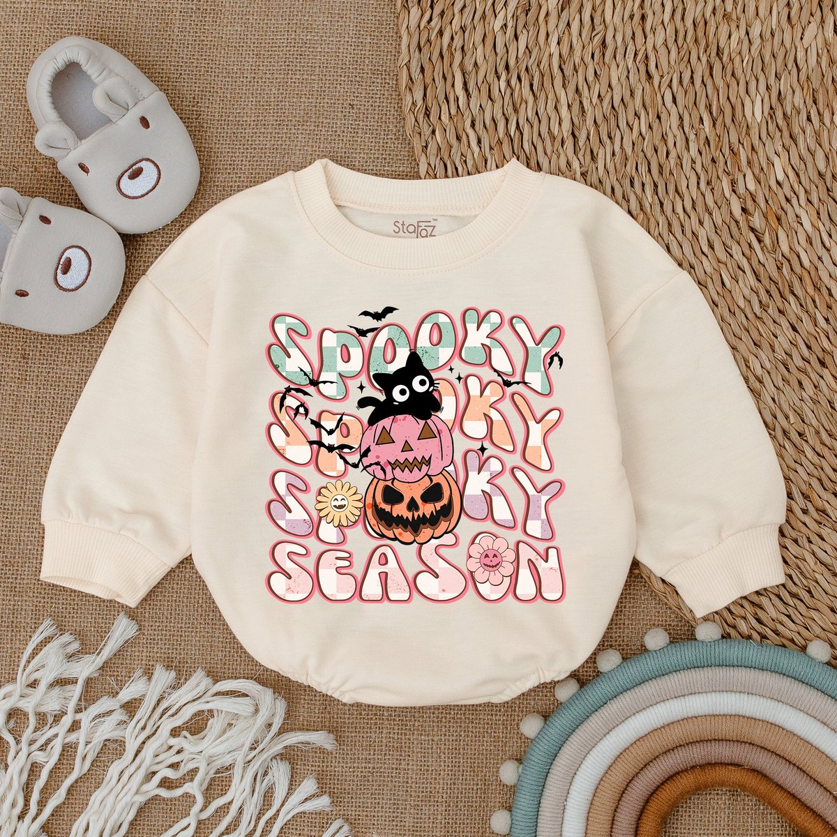 Spooky Cat Checker Wavy Baby Clothes Ghost Bodysuit Halloween Baby Romper Girl Baby Clothes Hallowe