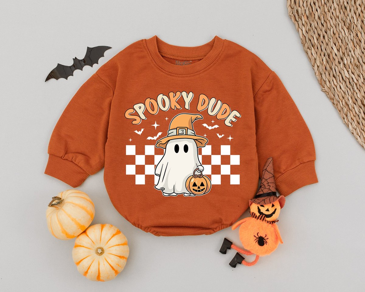 Spooky Dude Baby Romper Retro Boys Bodysuit Cute Natural Fall Jumpsuit Spooky Dude Checkered Ghost S