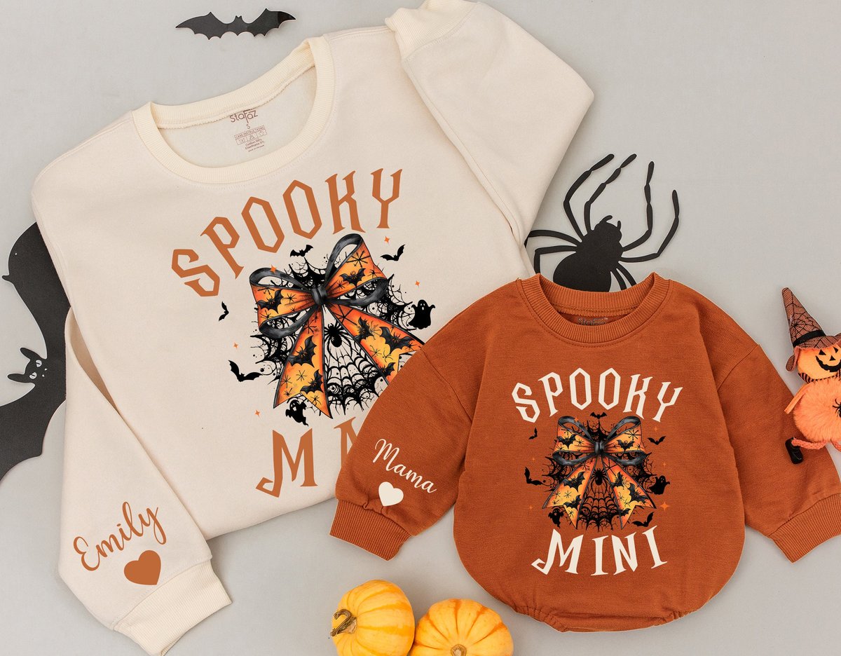 Spooky Mama and Mini Halloween Sweatshirt Cute Spooky Season baby romper gift Retro fall clothes Mat 174
